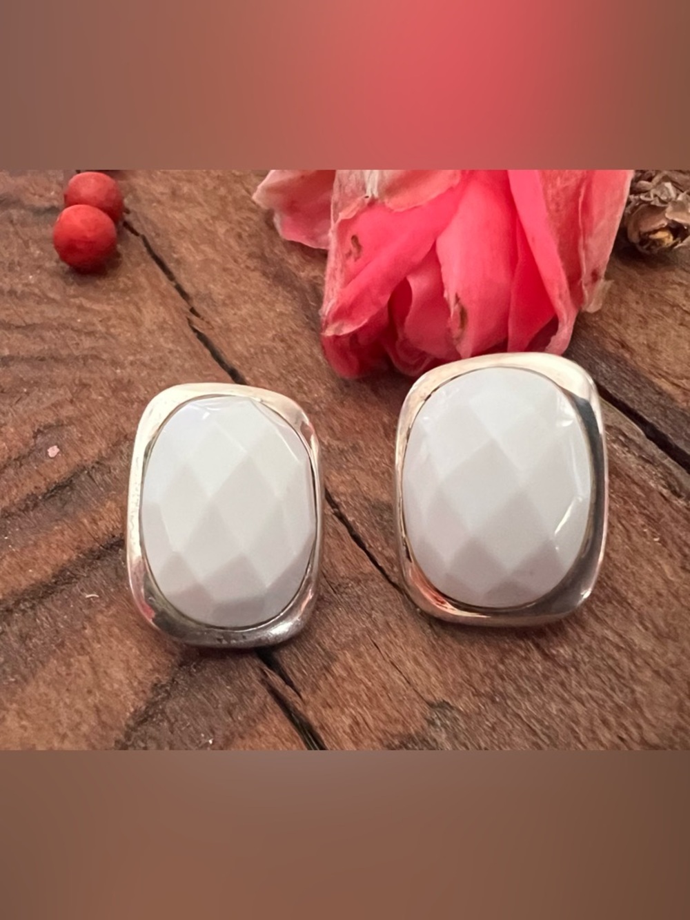 Chateau D’Argent Earrings Milky White Faceted Gem Punch In Studs X Sigal  Silver